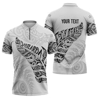 Aotearoa Personalized Lawn Bowls Maori Zipper Polo Shirt New Zealand White Tribal Silver Fern - Polynesian Pride