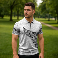 Aotearoa Personalized Lawn Bowls Maori Zipper Polo Shirt New Zealand White Tribal Silver Fern - Polynesian Pride