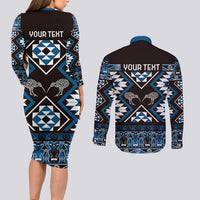 Personalised Taniko Motifs Aotearoa Couples Matching Long Sleeve Bodycon Dress and Long Sleeve Button Shirt Waitangi Kowhaiwhai Kiwi - Blue LT7 - Polynesian Pride