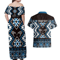 Personalised Taniko Motifs Aotearoa Couples Matching Off Shoulder Maxi Dress and Hawaiian Shirt Waitangi Kowhaiwhai Kiwi - Blue LT7 - Polynesian Pride