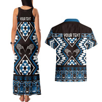 Personalised Taniko Motifs Aotearoa Couples Matching Tank Maxi Dress and Hawaiian Shirt Waitangi Kowhaiwhai Kiwi - Blue LT7 - Polynesian Pride
