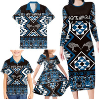 Personalised Taniko Motifs Aotearoa Family Matching Long Sleeve Bodycon Dress and Hawaiian Shirt Waitangi Kowhaiwhai Kiwi - Blue LT7 - Polynesian Pride