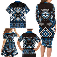 Personalised Taniko Motifs Aotearoa Family Matching Long Sleeve Bodycon Dress and Hawaiian Shirt Waitangi Kowhaiwhai Kiwi - Blue LT7 - Polynesian Pride