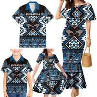 Personalised Taniko Motifs Aotearoa Family Matching Mermaid Dress and Hawaiian Shirt Waitangi Kowhaiwhai Kiwi - Blue LT7 - Polynesian Pride