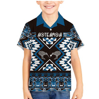 Personalised Taniko Motifs Aotearoa Family Matching Mermaid Dress and Hawaiian Shirt Waitangi Kowhaiwhai Kiwi - Blue LT7 Son's Shirt Blue - Polynesian Pride