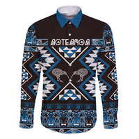 Personalised Taniko Motifs Aotearoa Family Matching Off Shoulder Short Dress and Hawaiian Shirt Waitangi Kowhaiwhai Kiwi - Blue LT7 Dad's Shirt - Long Sleeve Blue - Polynesian Pride