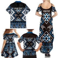 Personalised Taniko Motifs Aotearoa Family Matching Summer Maxi Dress and Hawaiian Shirt Waitangi Kowhaiwhai Kiwi - Blue LT7 - Polynesian Pride