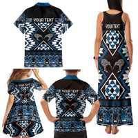 Personalised Taniko Motifs Aotearoa Family Matching Tank Maxi Dress and Hawaiian Shirt Waitangi Kowhaiwhai Kiwi - Blue LT7 - Polynesian Pride