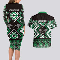 Personalised Taniko Motifs Aotearoa Couples Matching Long Sleeve Bodycon Dress and Hawaiian Shirt Waitangi Kowhaiwhai Kiwi - Green LT7 - Polynesian Pride