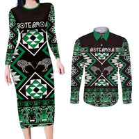 Personalised Taniko Motifs Aotearoa Couples Matching Long Sleeve Bodycon Dress and Long Sleeve Button Shirt Waitangi Kowhaiwhai Kiwi - Green LT7 Green - Polynesian Pride