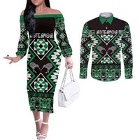 Personalised Taniko Motifs Aotearoa Couples Matching Off The Shoulder Long Sleeve Dress and Long Sleeve Button Shirt Waitangi Kowhaiwhai Kiwi - Green LT7 Green - Polynesian Pride