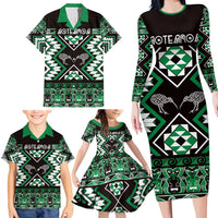 Personalised Taniko Motifs Aotearoa Family Matching Long Sleeve Bodycon Dress and Hawaiian Shirt Waitangi Kowhaiwhai Kiwi - Green LT7 - Polynesian Pride