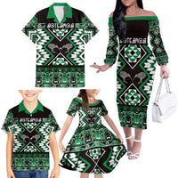 Personalised Taniko Motifs Aotearoa Family Matching Off The Shoulder Long Sleeve Dress and Hawaiian Shirt Waitangi Kowhaiwhai Kiwi - Green LT7 - Polynesian Pride