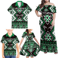 Personalised Taniko Motifs Aotearoa Family Matching Off Shoulder Maxi Dress and Hawaiian Shirt Waitangi Kowhaiwhai Kiwi - Green LT7 - Polynesian Pride