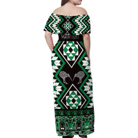 Personalised Taniko Motifs Aotearoa Family Matching Off Shoulder Maxi Dress and Hawaiian Shirt Waitangi Kowhaiwhai Kiwi - Green LT7 - Polynesian Pride