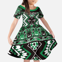 Personalised Taniko Motifs Aotearoa Family Matching Puletasi and Hawaiian Shirt Waitangi Kowhaiwhai Kiwi - Green LT7 Daughter's Dress Green - Polynesian Pride