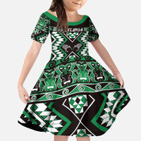 Personalised Taniko Motifs Aotearoa Family Matching Summer Maxi Dress and Hawaiian Shirt Waitangi Kowhaiwhai Kiwi - Green LT7 Daughter's Dress Green - Polynesian Pride