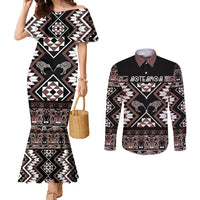 Personalised Taniko Motifs Aotearoa Couples Matching Mermaid Dress and Long Sleeve Button Shirt Waitangi Kowhaiwhai Kiwi - Mocha LT7 Mocha - Polynesian Pride