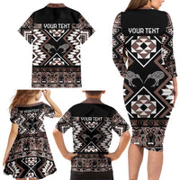 Personalised Taniko Motifs Aotearoa Family Matching Long Sleeve Bodycon Dress and Hawaiian Shirt Waitangi Kowhaiwhai Kiwi - Mocha LT7 - Polynesian Pride