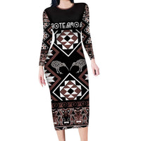 Personalised Taniko Motifs Aotearoa Family Matching Long Sleeve Bodycon Dress and Hawaiian Shirt Waitangi Kowhaiwhai Kiwi - Mocha LT7 Mom's Dress Mocha - Polynesian Pride