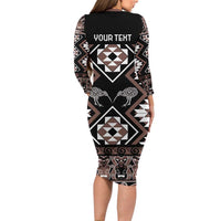 Personalised Taniko Motifs Aotearoa Family Matching Long Sleeve Bodycon Dress and Hawaiian Shirt Waitangi Kowhaiwhai Kiwi - Mocha LT7 - Polynesian Pride