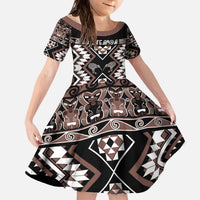 Personalised Taniko Motifs Aotearoa Family Matching Off The Shoulder Long Sleeve Dress and Hawaiian Shirt Waitangi Kowhaiwhai Kiwi - Mocha LT7 Daughter's Dress Mocha - Polynesian Pride