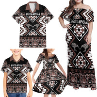 Personalised Taniko Motifs Aotearoa Family Matching Off Shoulder Maxi Dress and Hawaiian Shirt Waitangi Kowhaiwhai Kiwi - Mocha LT7 - Polynesian Pride