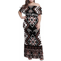 Personalised Taniko Motifs Aotearoa Family Matching Off Shoulder Maxi Dress and Hawaiian Shirt Waitangi Kowhaiwhai Kiwi - Mocha LT7 Mom's Dress Mocha - Polynesian Pride