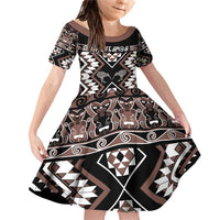 Personalised Taniko Motifs Aotearoa Family Matching Off Shoulder Short Dress and Hawaiian Shirt Waitangi Kowhaiwhai Kiwi - Mocha LT7 Daughter's Dress Mocha - Polynesian Pride