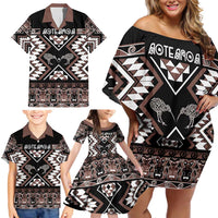 Personalised Taniko Motifs Aotearoa Family Matching Off Shoulder Short Dress and Hawaiian Shirt Waitangi Kowhaiwhai Kiwi - Mocha LT7 - Polynesian Pride