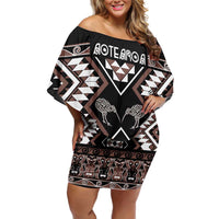 Personalised Taniko Motifs Aotearoa Family Matching Off Shoulder Short Dress and Hawaiian Shirt Waitangi Kowhaiwhai Kiwi - Mocha LT7 Mom's Dress Mocha - Polynesian Pride