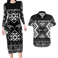 Personalised Taniko Motifs Aotearoa Couples Matching Long Sleeve Bodycon Dress and Hawaiian Shirt Waitangi Kowhaiwhai Kiwi - Monochrome LT7 Grey - Polynesian Pride