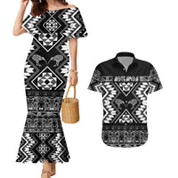 Personalised Taniko Motifs Aotearoa Couples Matching Mermaid Dress and Hawaiian Shirt Waitangi Kowhaiwhai Kiwi - Monochrome LT7 Grey - Polynesian Pride