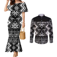 Personalised Taniko Motifs Aotearoa Couples Matching Mermaid Dress and Long Sleeve Button Shirt Waitangi Kowhaiwhai Kiwi - Monochrome LT7 Grey - Polynesian Pride
