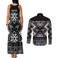 Personalised Taniko Motifs Aotearoa Couples Matching Tank Maxi Dress and Long Sleeve Button Shirt Waitangi Kowhaiwhai Kiwi - Monochrome LT7 - Polynesian Pride