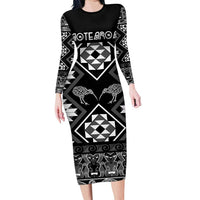 Personalised Taniko Motifs Aotearoa Family Matching Long Sleeve Bodycon Dress and Hawaiian Shirt Waitangi Kowhaiwhai Kiwi - Monochrome LT7 Mom's Dress Grey - Polynesian Pride