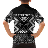 Personalised Taniko Motifs Aotearoa Family Matching Off The Shoulder Long Sleeve Dress and Hawaiian Shirt Waitangi Kowhaiwhai Kiwi - Monochrome LT7 - Polynesian Pride