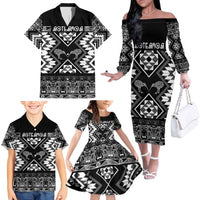 Personalised Taniko Motifs Aotearoa Family Matching Off The Shoulder Long Sleeve Dress and Hawaiian Shirt Waitangi Kowhaiwhai Kiwi - Monochrome LT7 - Polynesian Pride