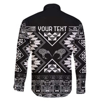 Personalised Taniko Motifs Aotearoa Family Matching Off The Shoulder Long Sleeve Dress and Hawaiian Shirt Waitangi Kowhaiwhai Kiwi - Monochrome LT7 - Polynesian Pride