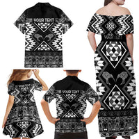 Personalised Taniko Motifs Aotearoa Family Matching Off Shoulder Maxi Dress and Hawaiian Shirt Waitangi Kowhaiwhai Kiwi - Monochrome LT7 - Polynesian Pride