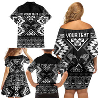 Personalised Taniko Motifs Aotearoa Family Matching Off Shoulder Short Dress and Hawaiian Shirt Waitangi Kowhaiwhai Kiwi - Monochrome LT7 - Polynesian Pride