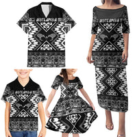Personalised Taniko Motifs Aotearoa Family Matching Puletasi and Hawaiian Shirt Waitangi Kowhaiwhai Kiwi - Monochrome LT7 - Polynesian Pride