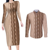 Vintage Beige Hawaiian Traditional Kapa Mix Flowers Lei Couples Matching Long Sleeve Bodycon Dress and Long Sleeve Button Shirt LT7 Beige - Polynesian Pride