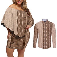 Vintage Beige Hawaiian Traditional Kapa Mix Flowers Lei Couples Matching Off Shoulder Short Dress and Long Sleeve Button Shirt