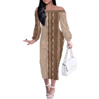Vintage Beige Hawaiian Traditional Kapa Mix Flowers Lei Family Matching Off The Shoulder Long Sleeve Dress and Hawaiian Shirt LT7 Mom's Dress Beige - Polynesian Pride