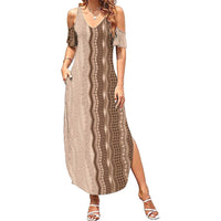 Vintage Beige Hawaiian Traditional Kapa Mix Flowers Lei Family Matching Summer Maxi Dress and Hawaiian Shirt LT7 Mom's Dress Beige - Polynesian Pride