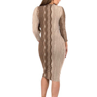 Vintage Beige Hawaiian Traditional Kapa Mix Flowers Lei Long Sleeve Bodycon Dress