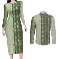 Vintage Sage Green Hawaiian Traditional Kapa Mix Flowers Lei Couples Matching Long Sleeve Bodycon Dress and Long Sleeve Button Shirt LT7 Sage Green - Polynesian Pride