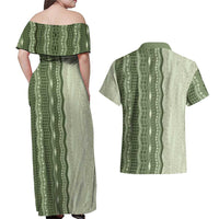 Vintage Sage Green Hawaiian Traditional Kapa Mix Flowers Lei Couples Matching Off Shoulder Maxi Dress and Hawaiian Shirt LT7 - Polynesian Pride