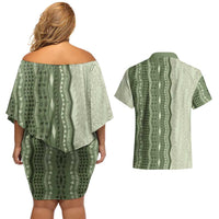 Vintage Sage Green Hawaiian Traditional Kapa Mix Flowers Lei Couples Matching Off Shoulder Short Dress and Hawaiian Shirt LT7 - Polynesian Pride